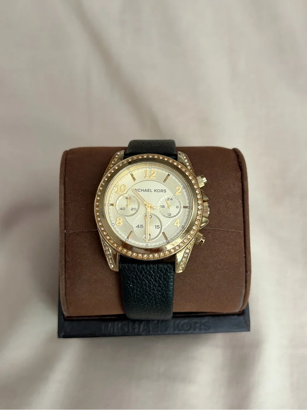 Michael Kors Gold-Tone Crystal Chronograph Watch with Black Strap